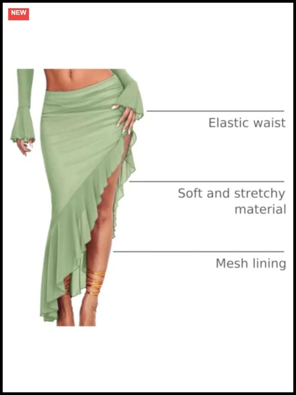 Women's High Waisted Asymmetrical Ruched Mesh Flowy Ruffle Trim Midi Long Skirt